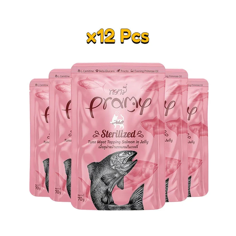 Pramy sterilized : Tuna Salmon Jelly 70gm x12 - Pet Priority