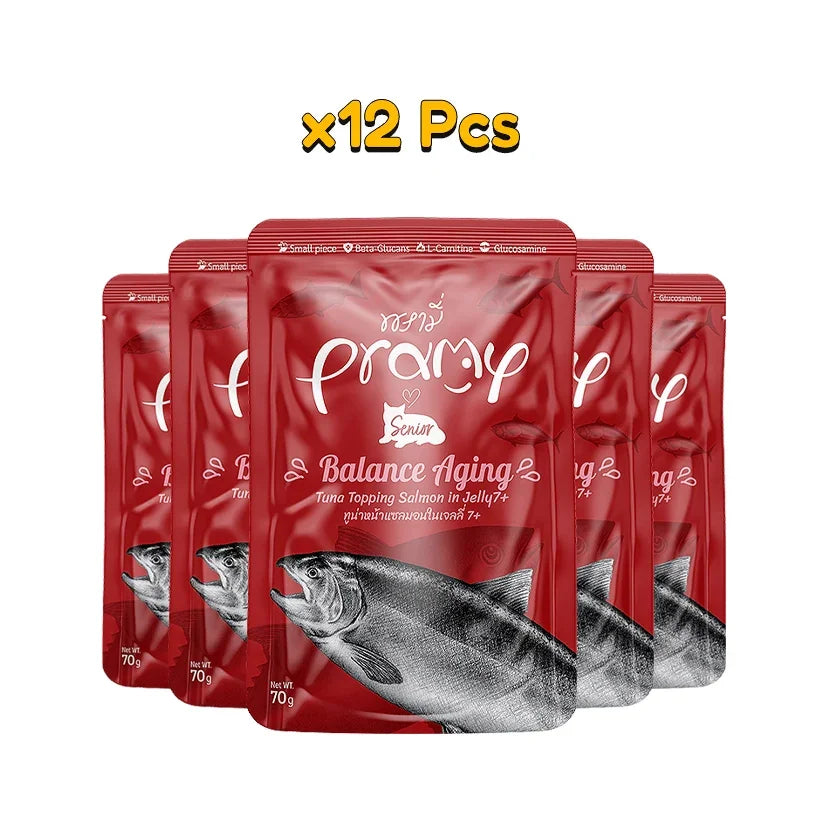 Pramy Tuna Topping Salmon in Jelly 70gm x12 - Pet Priority