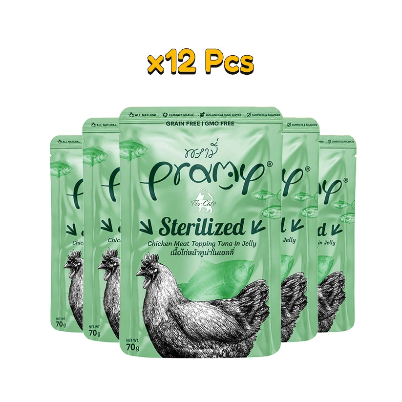 Pramy Sterilized : Chicken meat topping tuna in jelly 70gm x12