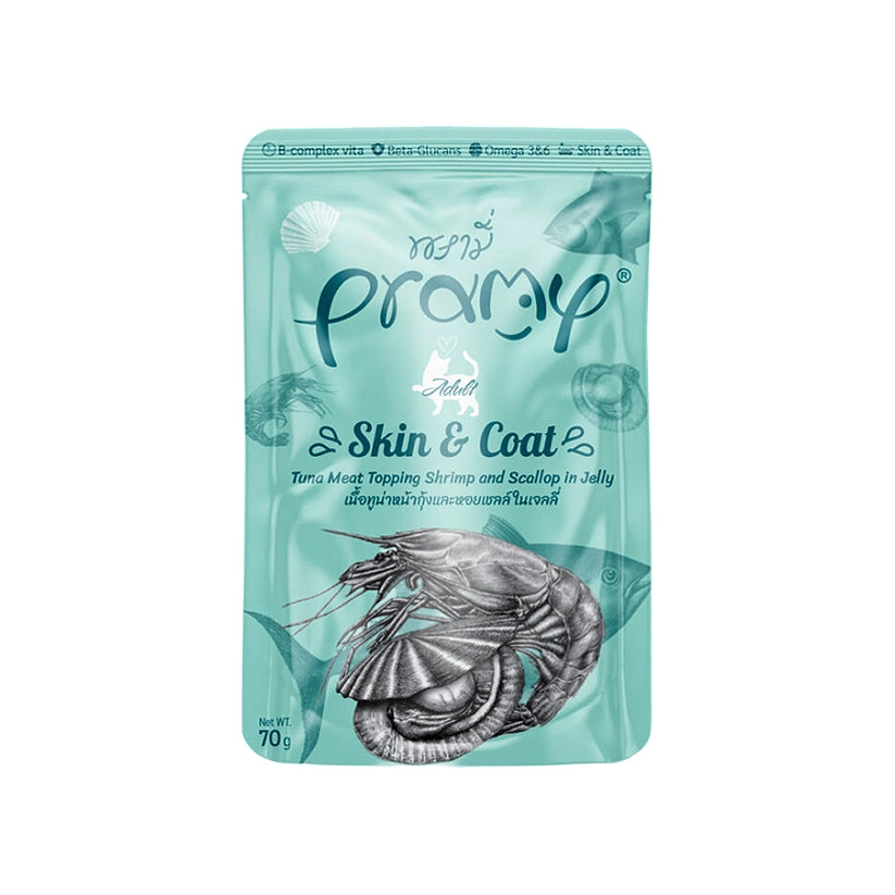 Pramy skin & coat tuna topping shrimp and scallop in jelly recipe 70g